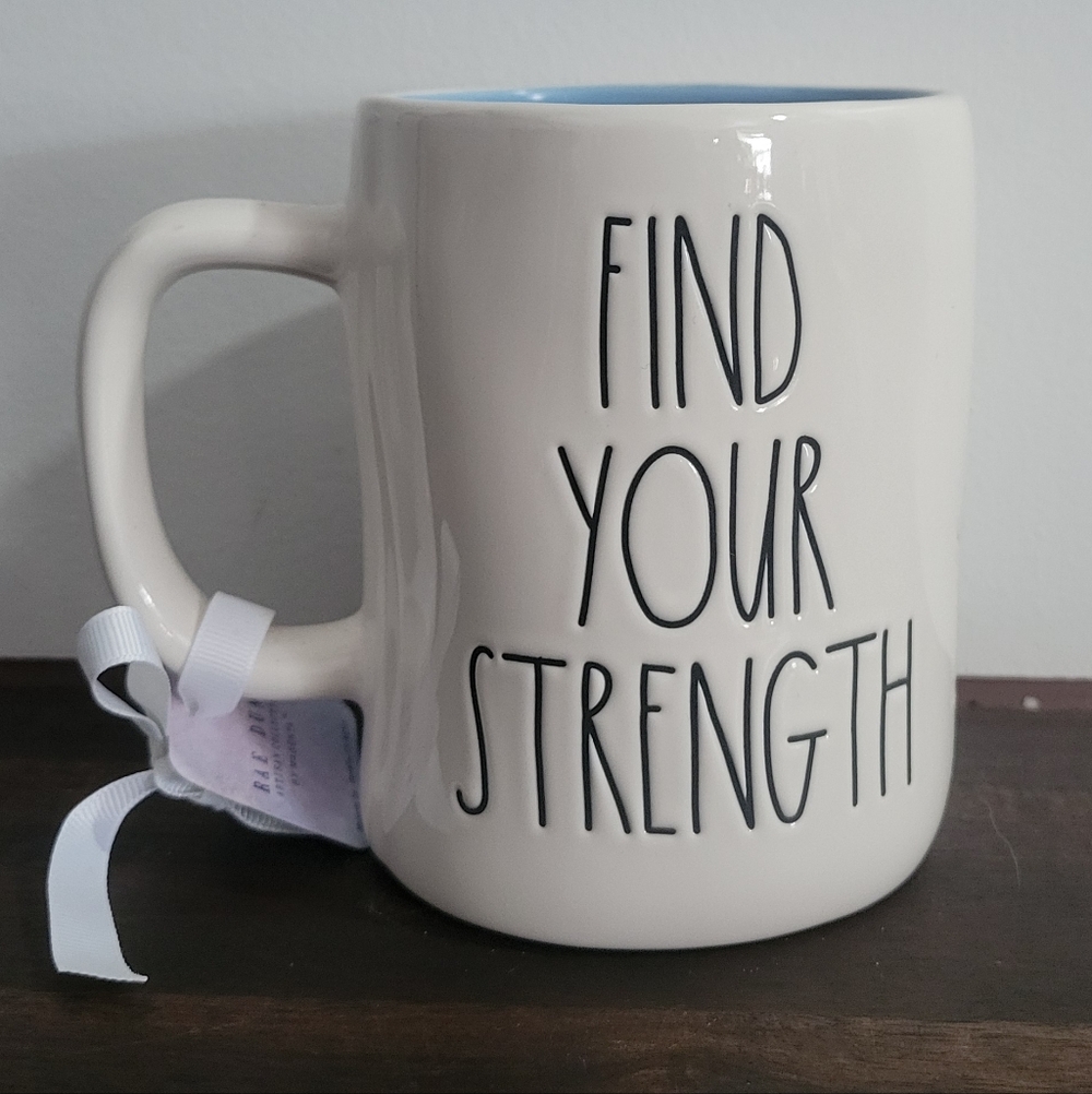 Rae Dunn Frozen Find Your Strength White Ceramic Mug with Light Blue Interior